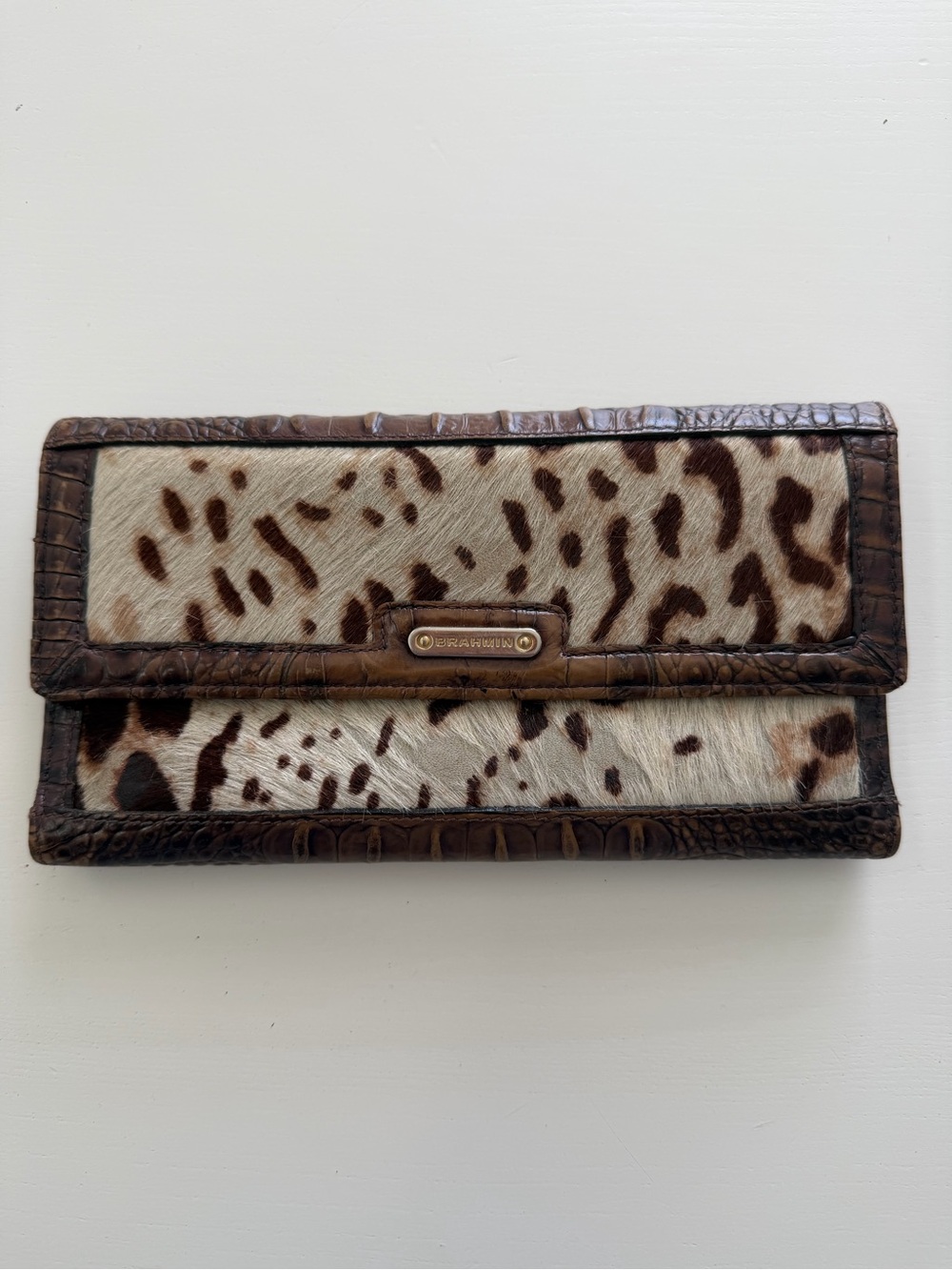 Vintage Brahmin Croc-Embossed Leather & Calf Hair Leopard Checkbook Wallet